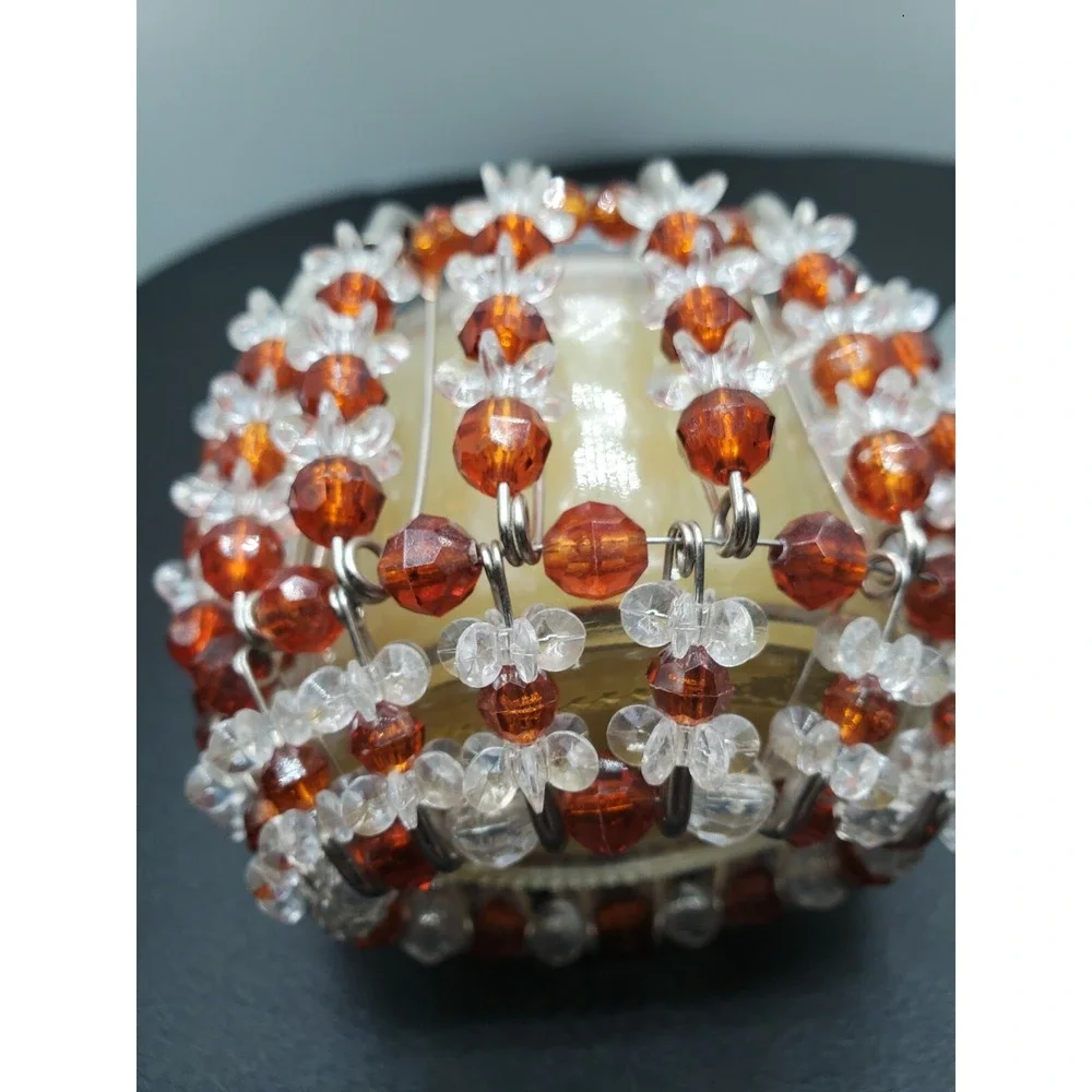 Vintage Mid Century Safety Pin and Beads Candle Holder Orange White Tramp Art